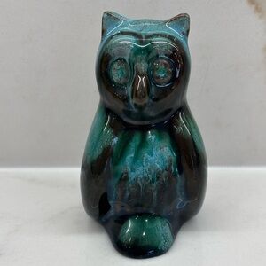 Vintage Mini Blue Mountain Owl Ceramic Pottery Figurine Drip Glazed 3” BMP